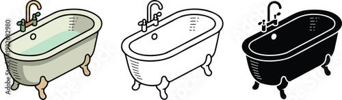 Bathtub silhouette & Outline and illustration set isolated on transparent background