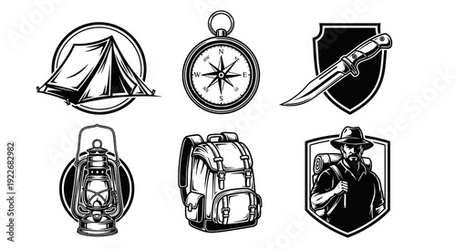 Camping and Outdoor Adventure Vintage Monochrome Vector Set: Tent, Compass, Knife, Lantern, Backpack, Hiker Line Art Badges