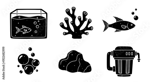 Aquarium Fish Tank Elements Black and White Glyph Hand-drawn Icon Set for Pet Care and Fishkeeping Design, featuring Fish, Coral, Filter, Bubbles, and Rock.