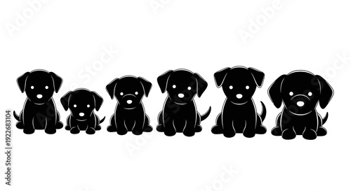 Cute Black and White Cartoon Puppies Vector Illustration. Flat Pet Industry Dog Growth Stages Icon Set.