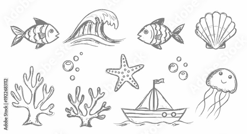 Hand-drawn Black and White Sketch Line Art Collection of Marine Life and Ocean Elements