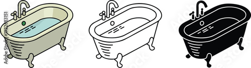 Bathtub silhouette & Outline and illustration set isolated on transparent background