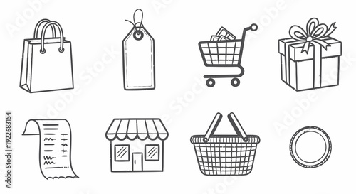 Black and White Hand-drawn Shopping and Retail Icons Set. E-commerce, Business, and Commerce Sketch Line Art Objects Collection for Store and Online Shop.