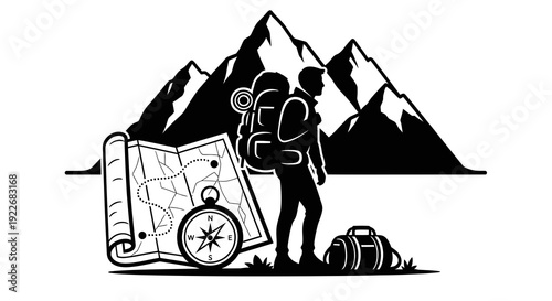 Outdoor Adventure Hiker with Mountains, Map, and Compass - Black and White Vector Silhouette Illustration