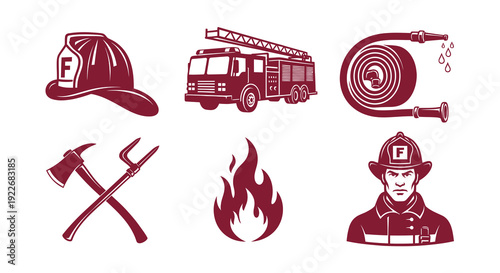 Firefighter Icons Set: Hat, Truck, Hose, Axe, Flames, Man - Vector Art