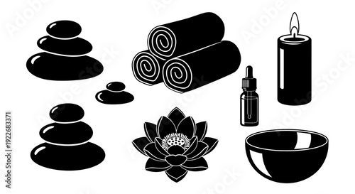 Spa and Wellness Black Glyph Icons Set: Zen Stones, Rolled Towels, Essential Oil, Candle, Lotus Flower, and Bowl Vector Illustration