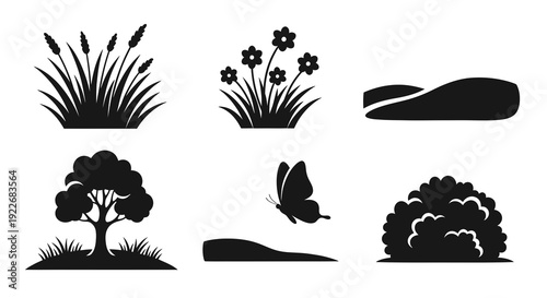 Nature and Landscape Black and White Glyph Vector Icons Set. Silhouettes of Plants, Trees, Flowers, Grass, Butterfly, Hills, and Bush for Environment  Gardening.
