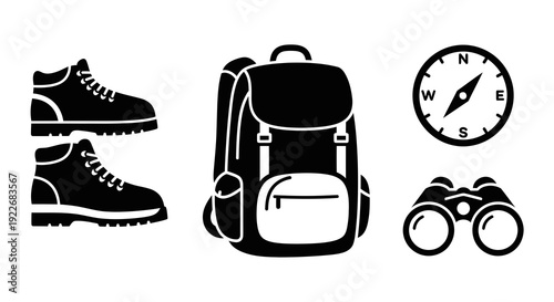 Outdoor Adventure Hiking and Camping Gear Vector Icons. Black and White Glyph Set of Boots, Backpack, Compass, and Binoculars for Travel and Exploration.
