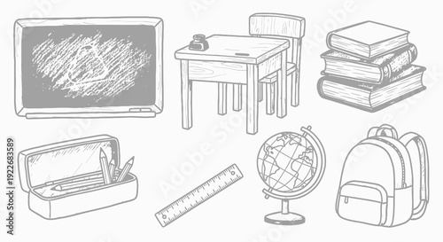 Black and White Line Art Educational School Supplies Vector Sketch Set. Hand-Drawn Classroom Objects: Blackboard, Desk, Chair, Books, Globe, Backpack, Stationery.