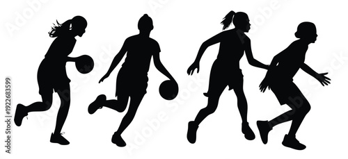 black silhouette four teen girls dribbling and running with