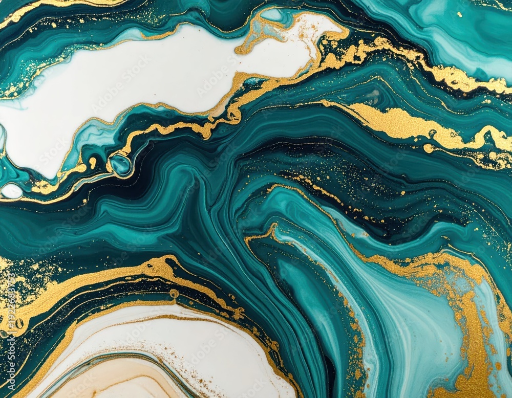 Fototapeta premium Colorful Abstract Art with Teal Swirls and Gold Highlights