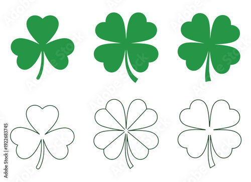 Clover leaves vector set of green leaf illustrations, lucky shamrock symbols, St. Patrick’s Day design