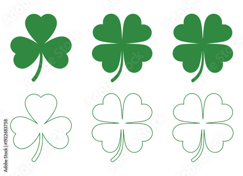 Clover leaves vector set of green leaf illustrations, lucky shamrock symbols, St. Patrick’s Day design