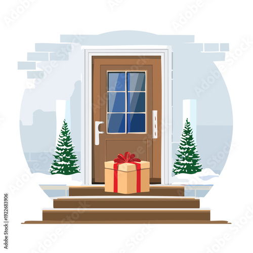 Gift box on doorstep next to door trees winter snow
