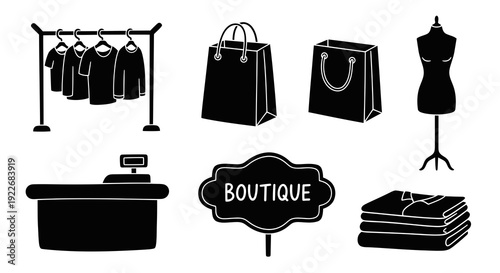 Black and White Glyph Icons Set for Retail and Fashion Industry. Shopping Elements Vector Collection with Clothing Rack, Bags, Mannequin, Cash Register, Boutique Sign.
