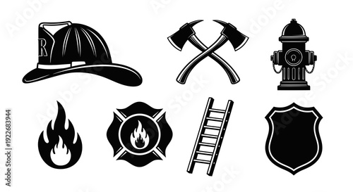 Firefighter Emergency Service Vector Icons Set. Black and White Glyph Symbols for Fire Department, including Helmet, Axes, Hydrant, Ladder, Flame, and Badge.