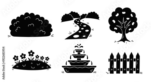 Hand-drawn Glyph Garden Elements Collection. Outdoor Nature and Park Landscape Features in Black and White Doodle Silhouette Style.