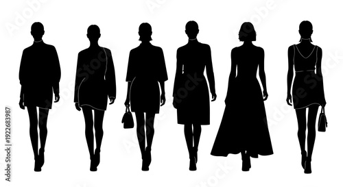 Fashion Industry: Elegant Female Models Silhouettes Walking on Runway - Vector Black and White Illustration of Women's Style Collection