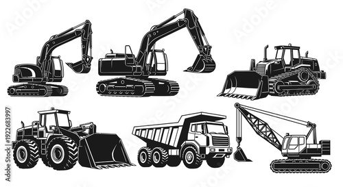 Black and White Glyph Vector Set of Heavy Construction Machinery Vehicles and Equipment