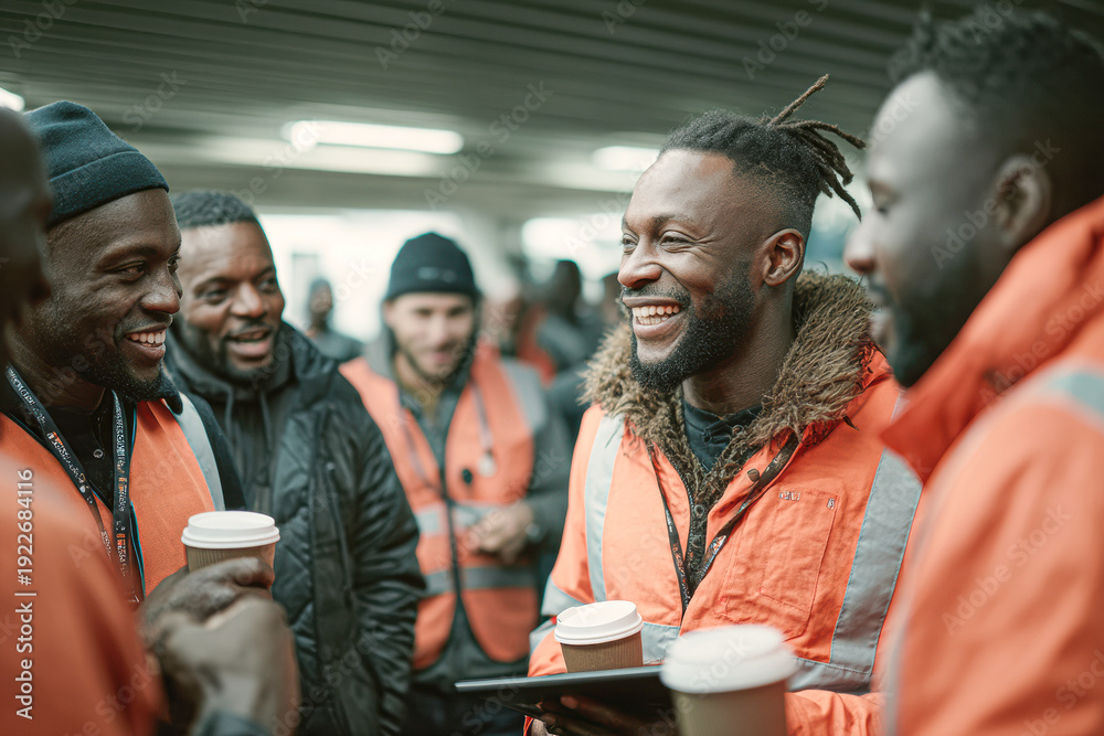 Fototapeta premium A group of smiling construction workers in orange safety vests enjoy coffee and chat during a break indoors.