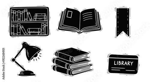 Black and White Hand-drawn Glyph Icons Set for Education and Literature, featuring Library, Books, Reading, and Study Elements