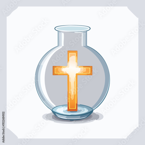 Glowing cross within glass vessel artwork