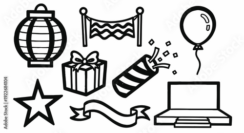 Black and White Line Art Icon Set for Events, Celebrations, Parties, Awards, and Entertainment