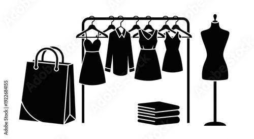 Fashion and Retail Industry Black Silhouette Glyph Icons Set with Clothing Rack, Dresses, Shirt, Shopping Bag, Folded Apparel, and Mannequin.