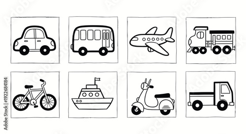 Transportation Vehicles Doodle Line Art Icon Set for Children. Hand Drawn Black and White Collection of Car, Bus, Airplane, Train, Bicycle, Boat, Scooter, Truck.