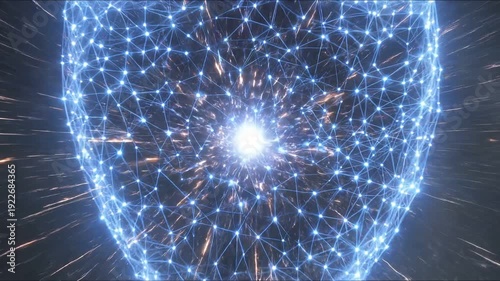 A glowing blue shield illuminated by electric sparks, set against a swirling dark background, creating a dynamic and powerful visual effect