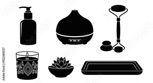 Spa and Wellness Black  White Glyph Icon Set: Essential Oil Diffuser, Face Roller, Scented Candle, Lotion Bottle, Hot Stones, Lotus, Tray for Beauty