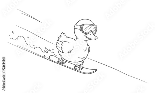 Duck Wearing Goggles Skiing Down Slope.