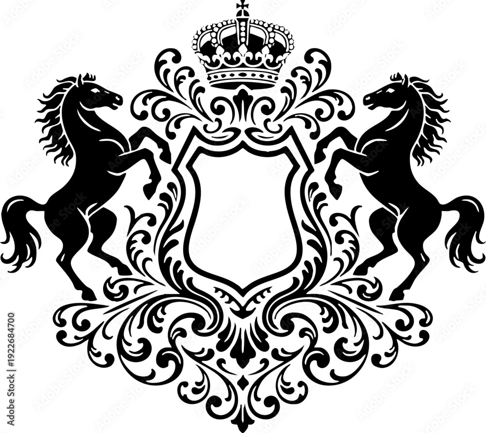 Fototapeta premium Heraldic Crest with Crown and Rearing Horses Emblem Design