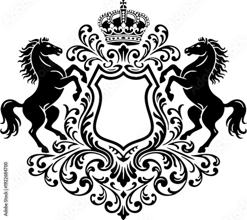 Heraldic Crest with Crown and Rearing Horses Emblem Design
