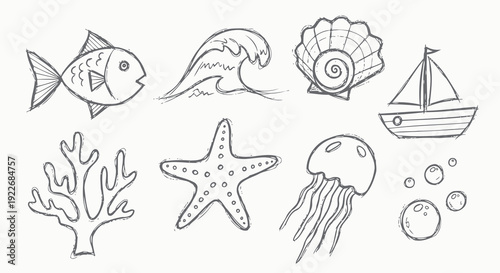 Hand-drawn Sketchy Marine Life and Ocean Elements Collection. Doodle Style Sea Creatures, Seashells, Sailboat, and Bubbles for Nautical Themes.