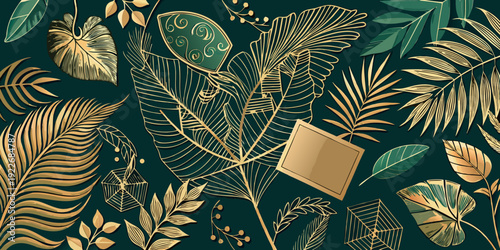 Elegant gold leaf pattern on dark green background for luxury designs, seamless botanical themed background