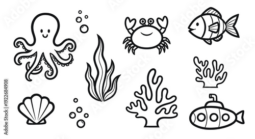 Black and White Line Art Cute Octopus, Crab, Fish, Seaweed, Shell, Coral, Submarine and Bubbles