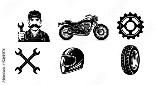 Motorcycle Mechanic Service Vector Icons Set: Automotive Black  White Illustrations of Bike, Helmet, Wrenches, Tire, and Gear for Repair