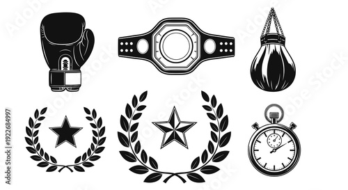 Boxing Sports Vector Icons Set: Black and White Line Art Symbols for Fight Club, Training, and Championship, featuring Glove, Belt, Bag, Wreath, Stopwatch