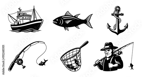 Monochromatic Retro Style Fishing Icons Set. Black and White Vector Illustrations of Angling Boat, Tuna Fish, Anchor, Rod, Net, and Fisherman.