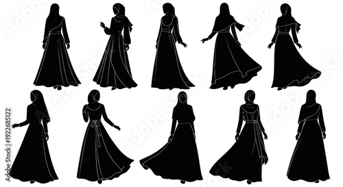Islamic Fashion Modest Apparel: Black Silhouette Vector Art Set of Elegant Women in Hijab and Abaya Dresses with Line Details