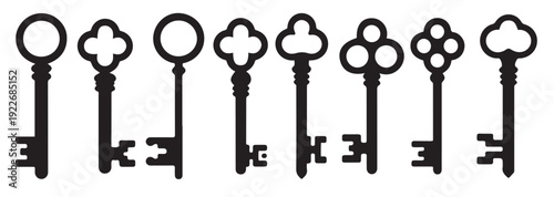 Antique key Vector Black silhouettes. Medieval and modern keys, vintage shapes set. Open door symbols, privacy and escape. Abstract tidy elements. with white background