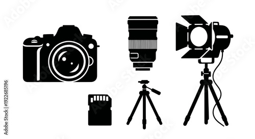 Photography Studio Equipment Glyph Icons Set. Black and White Camera, Lens, Tripod, Studio Light, and Memory Card for Photo and Video Production.
