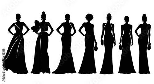 Elegant Women in Evening Gowns Vector Silhouettes for Fashion, Glamour Events and Formal Wear Design
