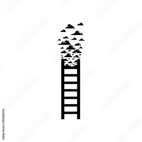 Black silhouette of a ladder extending upwards into a swarm of dissipating clouds, representing ambition, dreams, or upward mobility.
