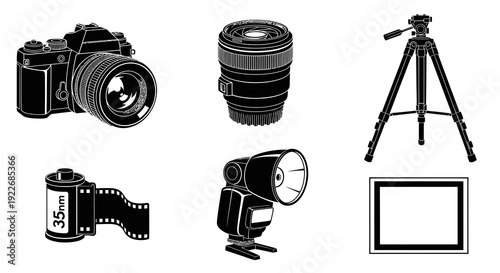 Photography Studio Equipment Icons Set in Black and White Line Art Style. Classic Camera, Lens, Tripod, Film Roll, Flash, and Photo Frame Illustrations.