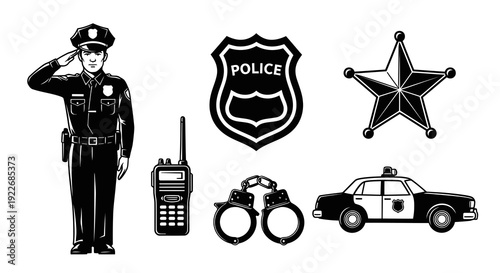 Police and Law Enforcement Elements Set. Black and White Vector Illustration of Officer, Badge, Star, Handcuffs, Radio, and Patrol Car.