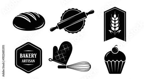 Bakery and Baking Icons Set: Loaf, Rolling Pin, Wheat, Oven Mitt, Whisk, Cupcake. Black  White Glyph Vector Art.