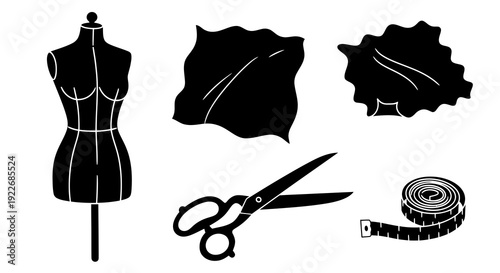 Fashion and Sewing Tools Black and White Glyph Vector Set. Tailoring  Textile Craft Supplies with Dress Form, Scissors, Measuring Tape, and Fabric Silhouettes.