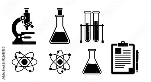 Science Laboratory Equipment Glyph Icons Set: Microscope, Flask, Test Tubes, Atom, and Clipboard. Black and White Vector Symbols for Research and Education.